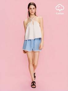 lacRébo Áo hai dây cổ yếm dáng rộng mùa hè thêu ren trắng kiểu Pháp, phong cách Boho, áo cotton trắng casual cho kỳ nghỉ. - trắng - Xem 5