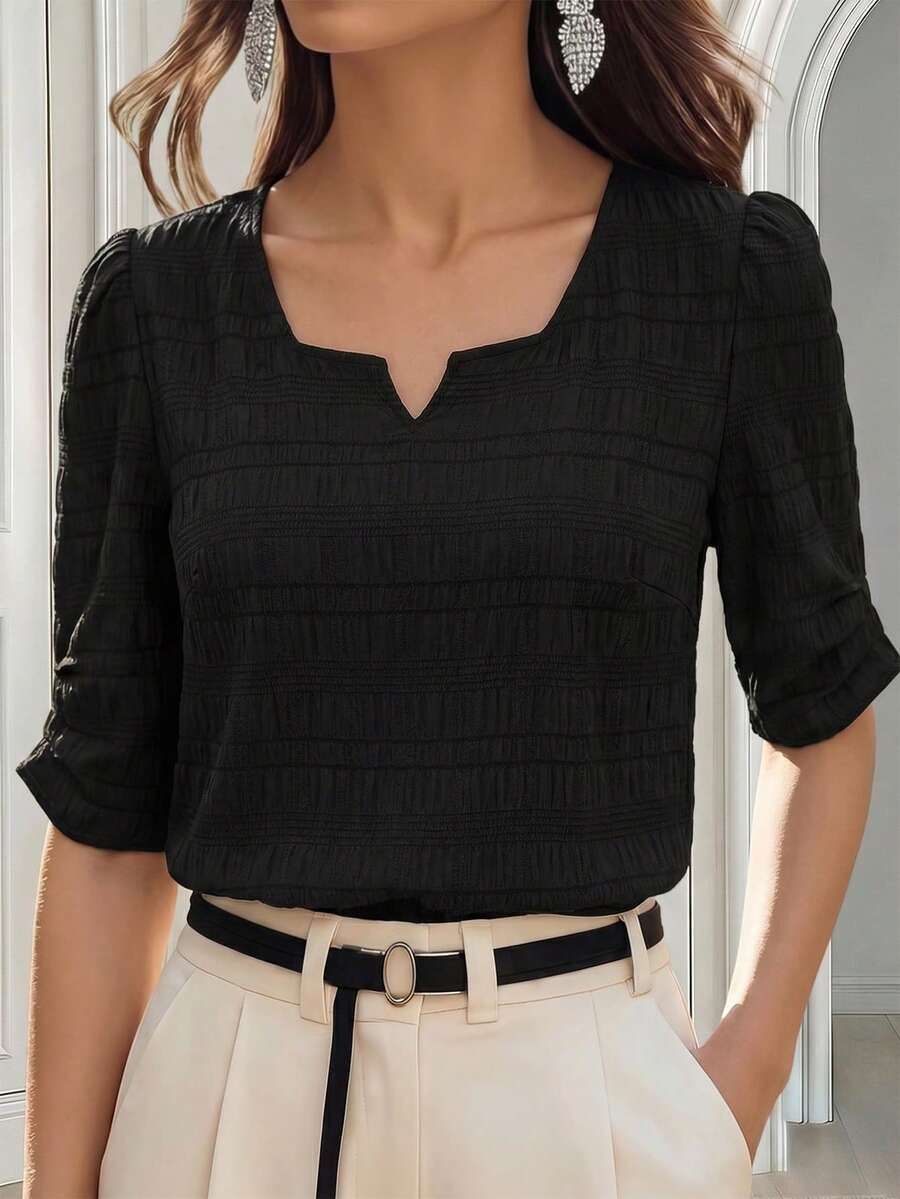 Miaspire Women's Black Notched Neck Spring Blouse - Black - View 1
