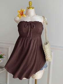 Comfortcana Plus Size Asymmetric Hem Lace Trim Sleeveless Tie Front Ruffle Blouse, Spring/Summer - Brown - View 7