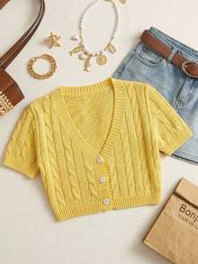 SHEIN EZwear Áo khoác cardigan ngắn tay, cài một hàng cúc, dáng lửng dành cho nữ - Màu vàng - Xem 1