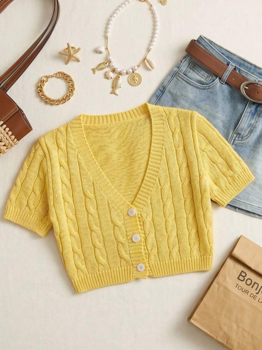 SHEIN EZwear Áo khoác cardigan ngắn tay, cài một hàng cúc, dáng lửng dành cho nữ - Màu vàng - Xem 1