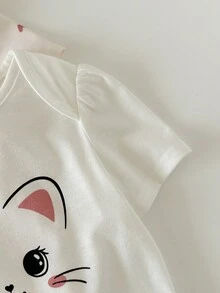 女婴可爱舒适针织卡通猫咪爱心印花短袖连体衣，多色可选 - 粉色 - 查看 5