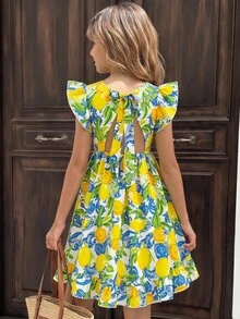 SHEIN 少女编织碎花圆领荷叶边露背休闲连衣裙 - 黃色 - 查看 11