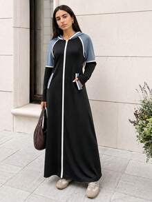 Solavon Women's Casual Contrast Piping Slant Pocket Zipper Front Hooded Arabian Modest Long Sleeve Dress Sporty Dresshooded Dress Black - Black - View 3