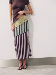 Nöista Patchwork Midi Skirt Features A High-Waisted, H-Line Silhouette With Unique Visual Impact From The Diagonal Design.Comfortable To Wear. - Multicolor - View 5