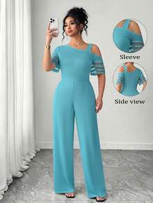 Elenzga Jumpsuit Minimalis Serbaguna Kasual Warna Polos untuk Wanita Ukuran Besar - Baby Blue - View 6