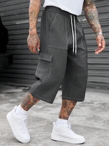 SLATEMANN Pantalones cortos cargo de estilo callejero estadounidense con pespuntes, cintura con cordón, sueltos de longitud 7/10 casual - Negro - Ver 1