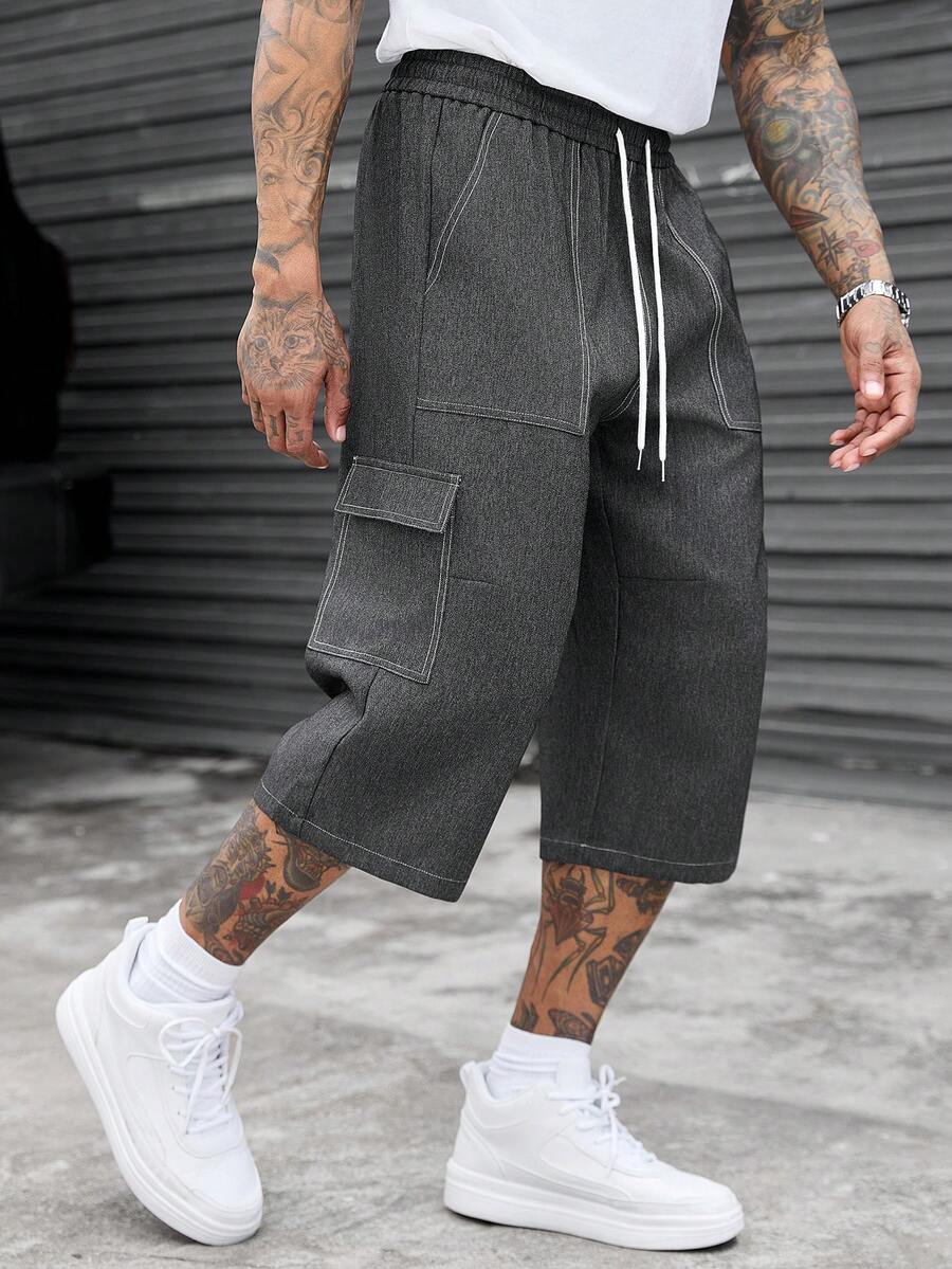 SLATEMANN Pantalones cortos cargo de estilo callejero estadounidense con pespuntes, cintura con cordón, sueltos de longitud 7/10 casual - Negro - Ver 1