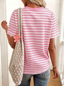 EMERY ROSE Women's T-Shirt Striped Round Neck Casual Short Sleeved T-Shirt, Summer - Multicolor - View 2