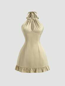 Sweetra Elegant Satin Backless Halter Mini Dress, Refreshing Green Color, Fitted Silhouette, Sexy & Suitable For Party, Spring/Summer - Green - View 1