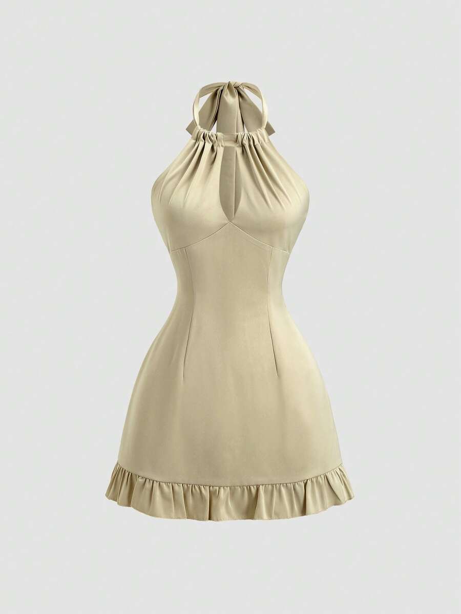 Sweetra Elegant Satin Backless Halter Mini Dress, Refreshing Green Color, Fitted Silhouette, Sexy & Suitable For Party, Spring/Summer - Green - View 1