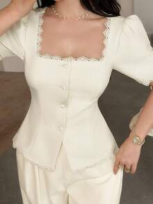 Feyla Women's Lace Patchwork Square Collar Top And Pants Casual 2 Pieces Set - Apricot - View 5