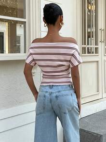 Muchica Áo thun cotton nữ kiểu dáng tối giản, màu hồng, họa tiết sọc bất đối xứng, thích hợp cho mùa xuân và mùa hè. - trắng - Xem 3