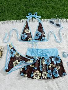 Bellisia 女士夏季沙滩音乐节碎花半身吊带休闲度假风比基尼三件套 - 彩色 - 查看 6
