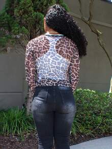 Steph T Open Front Leopard Print Mesh & Lace Contrast Ladies Sexy Tie Front Flare Sleeve V Neck Brown Top, Spring/Fall,Casual Daily Wear Y2K  - Brown - View 2
