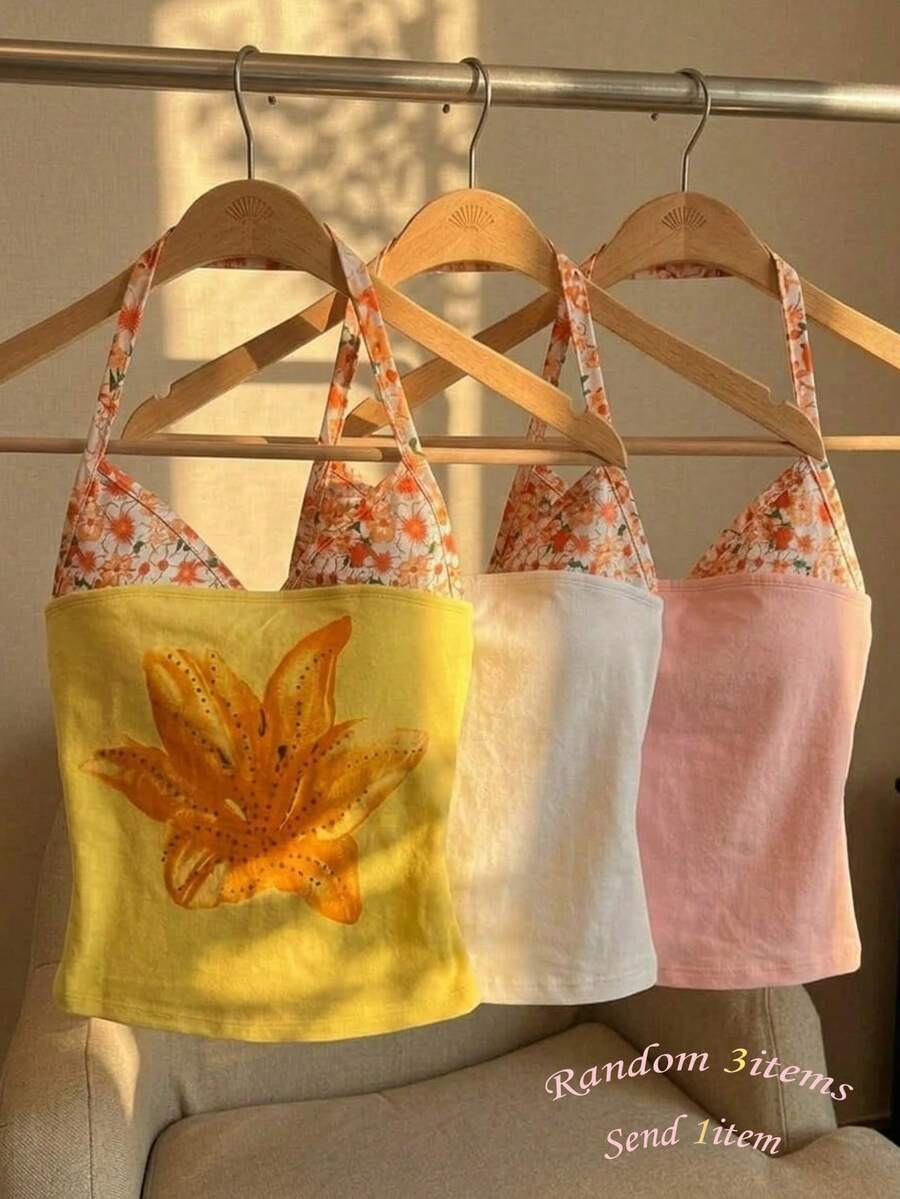 SHEIN 【随机3件,送1件】惊喜盒,30%概率获得2件少女夏季街头Y2K风百搭休闲百搭吊带背心,闪亮上衣,新款,返校季,休闲风 - 黃色 - 查看 1