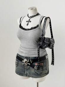 Sunspun Atasan Camisole Bergaris Abu-abu Seksi Gaya Retro Amerika dengan Hiasan Renda, Tank Top Pendek Tanpa Lengan Pas Badan yang Ramping untuk Lapisan atau Pakaian Luar - Grey - View 6