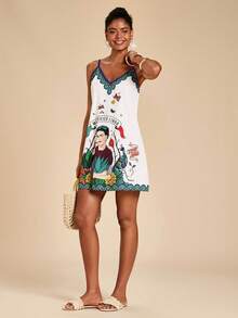 Travachic Frida Kahlo X SHEIN Women's Casual Frida Collaboration Floral & Peacock Print Mini Dress, Chic For Spring/Summer, Suitable For Vacation & Beach - Multicolor - View 3