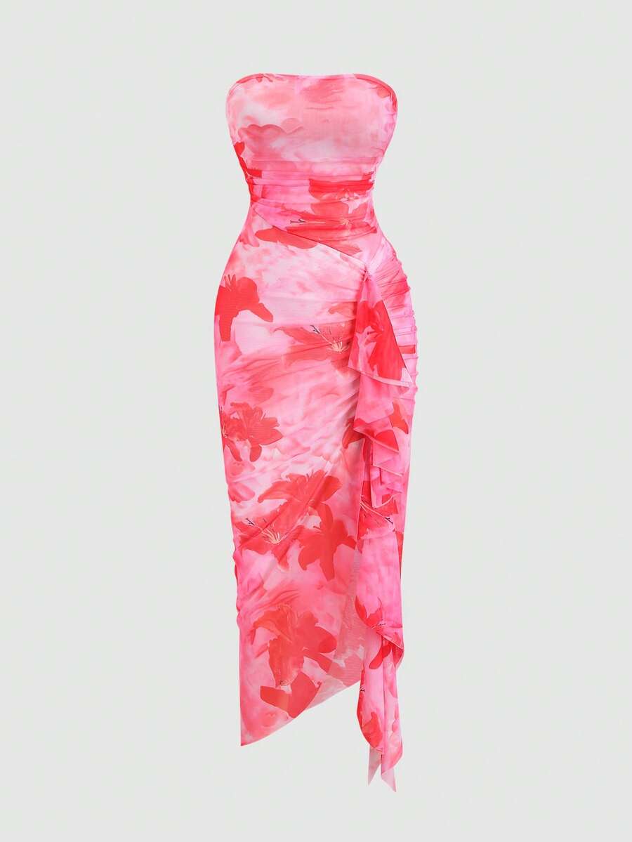 Sweetra Women's Floral Print Ruched Bandeau Dress, Vacation Style - Rose Red - View 1