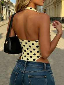 Rovax Women's Sweet Polka Dot Print Sexy Halter Bodysuit - Yellow - View 2