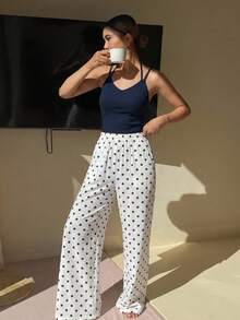 DAZY Women's Solid Color Comfortable Top And Polka Dot Print Casual Lounge Pants Pajama Set Summer - Black - View 5
