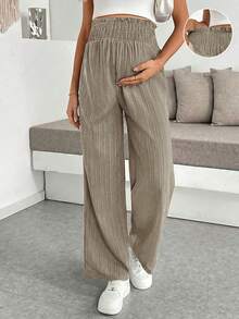 SHEIN Quần bầu cạp cao màu trơn dáng rộng thoải mái - Màu Khaki - Xem 7
