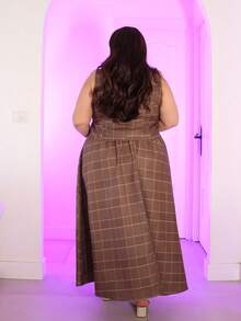Pretty and Ole Plus Size Plaid Print Button Front Sleeveless Top And Skirt Elegant 2 Pieces Sets Summer - Brown - View 2