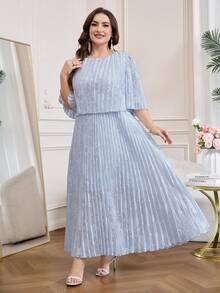 SHEIN Clasi Đầm voan xếp ly thanh lịch mùa hè cho nữ size lớn, đầm dạ hội sang trọng màu xanh da trời cho khách mời đám cưới, trang phục lễ hội mùa xuân, đầm Abaya Jalabiya dáng dài - Màu xanh lam - Xem 7