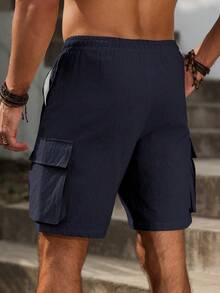 VENTUSAIL Men's Solid Color Cotton Linen Drawstring Waist Cargo Shorts, Holiday - Navy Blue - View 2