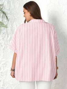 Rosumi Plus Size Line Print Short Sleeve Casual Shirt - Pink - View 4