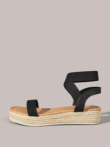 Styleloop Ladies Fashion Solid Color Woven Casual Platform Wedge Sandals, Upper Rubber Cross Strap Decorative Bohemian Vacation Retro Faxx Canvas Platform Ankle Strap Sandals, Western Style, Music Festival Party Clothing, Spring Summer Shoes Spring Break Easter, Holiday Atmosphere, Summer Wear, Travel Essentials Summer Shoes - Black 1 - View 7