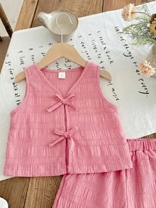 SHEIN 两件套女童条纹圆领上衣和短裤套装 - 粉色 - 查看 6