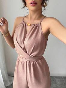 Elenzga 女士休闲卡其色褶皱面料露背串珠设计腰部纽扣系带连体裤，春夏款 - 藕粉色 - 查看 4