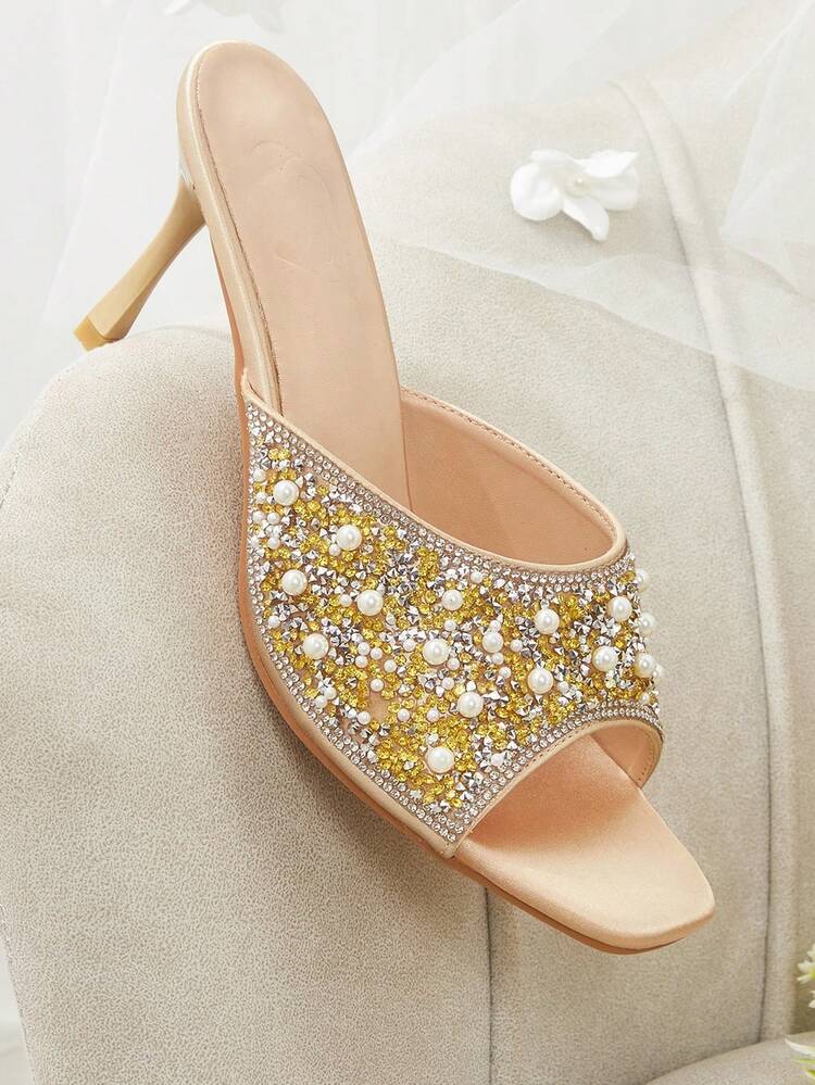 CUCCOO HITCHD Ladies Square Toe Pearl Rhinestone Open-Toed Stiletto Sandals Summer Versatile Sexy Suitable Evening Party Party