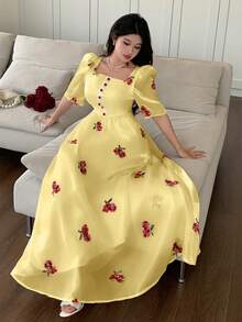 Modelyn 方領刺繡花卉收腰泡泡袖女款洋裝，春/夏 - 黃色 - 查看 7