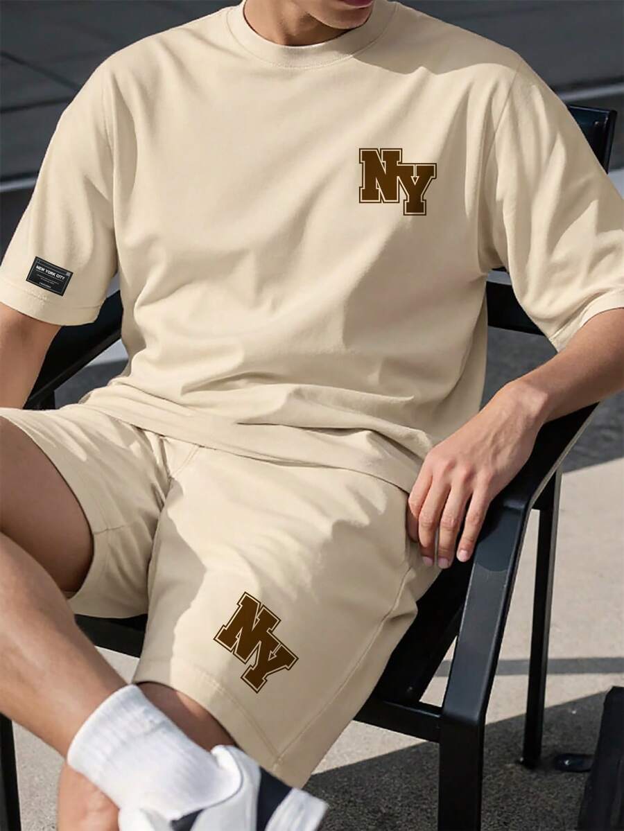 Manfinity Homme 2pcs/Set Men's Letter Print Short Sleeve T-Shirt And Shorts - Khaki - View 1