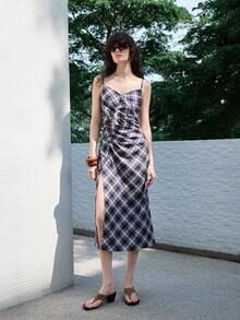 SHEIN Luminelle 女士夏季休闲优雅度假连衣裙，格子复古印花 - 彩色 - 查看 7