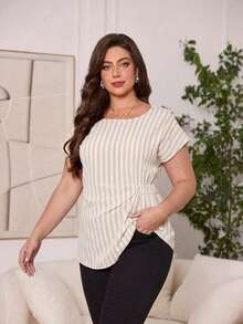 Reflora Camisa de manga corta de cuello redondo con estampado de rayas en color albaricoque, elegante y casual, para mujer de talla grande, para verano - Blanco - Ver 5