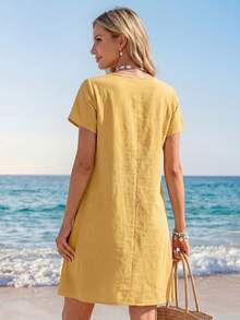 Sylviya Vestido de verano casual de unicolor con cuello con cremallera para mujer - Amarillo - Ver 2