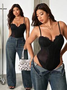 SHEIN EZwear 大码女式黑色撞色蕾丝性感连体衣 - 黑色 - 查看 1
