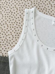 SHEIN Regata Ajustada com Decote em U Canelada e Decoração com Tachas para Adolescentes, Branca, Novo Lançamento de Verão - Branco - Visão 5