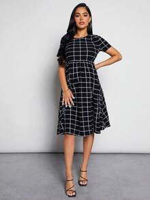 MaterniWear Maternity Grid Print Flare Hem Nursing Dress - Black and White - View 6