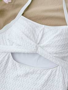 SHEIN 少女夏季度假露背镂空白色针织纹理连体泳衣 - 白色 - 查看 4