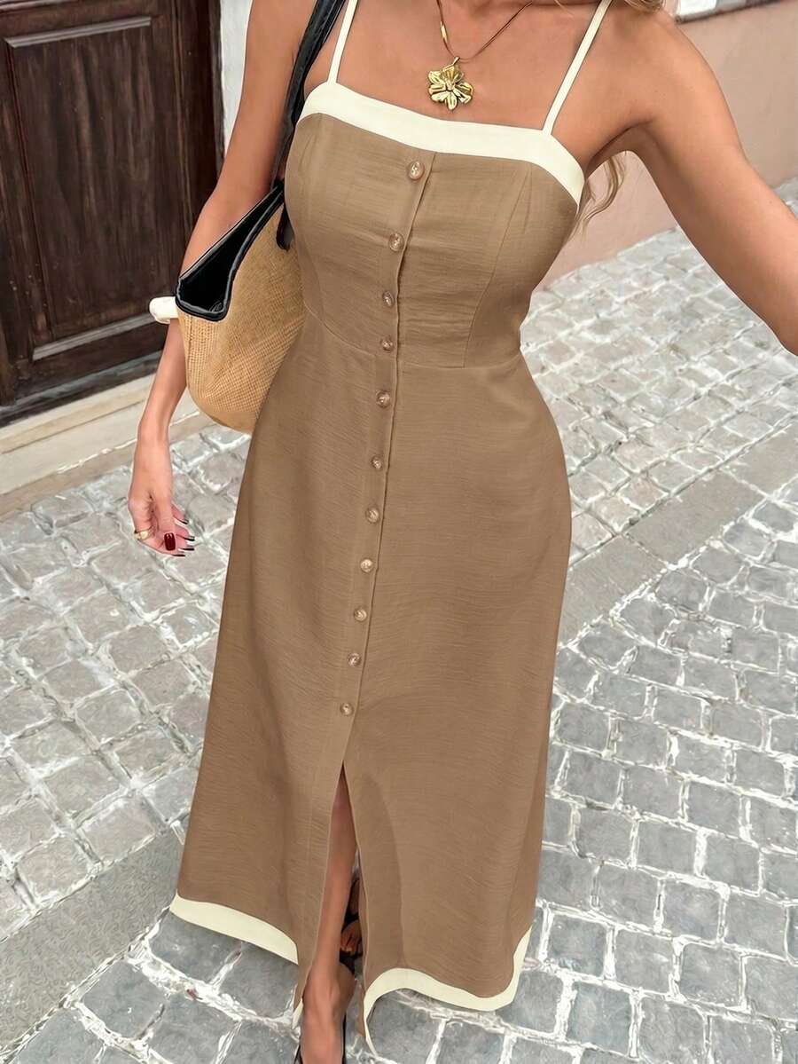 Pariaura Women's Elegant French Style Button-Up Color Block Patchwork Dress - Khaki - View 1