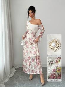 Modelyn Spring & Summer Elegant Lace Print Asymmetric Neck Flare Sleeve Ruched Waist Dress - Multicolor - View 5