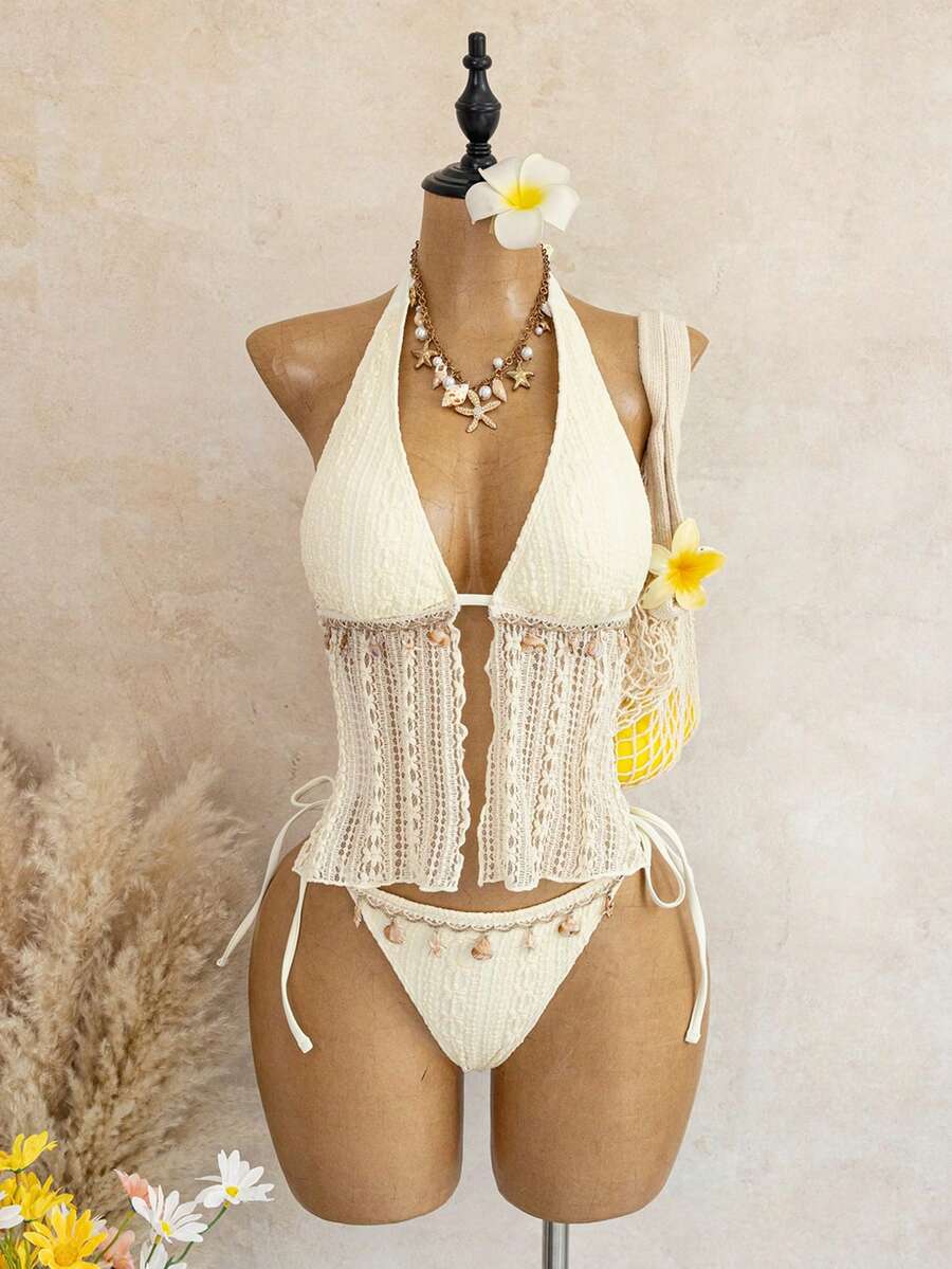 Bellisia New Women's Knitted Jacquard Textured Beige Two Pieces Bikini Set With Starfish & Shell Decor, Halter Neck, Deep V-Neck, Backless, Side Tie Triangle Bottoms, Beach Casual Vacation Swimwear (Random Accessories) - Apricot - View 1
