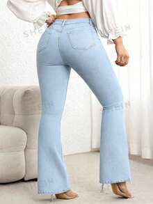 Flexra Quần jeans ống loe cạp cao dáng ôm dành cho người có thân hình đầy đặn, màu xanh đậm đã giặt. - Rửa nhẹ - Xem 2