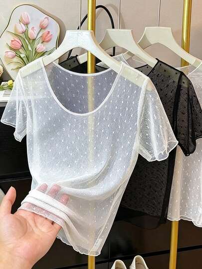 SHEIN Franclia Áo tay ngắn bằng vải lưới xuyên thấu đính sequin trắng, kiểu dáng tối giản nhẹ nhàng, thích hợp mặc trong mùa hè.