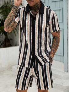 Manfinity CasualCool Men's Mature Vacation Short Sleeve Shirt Set,Men Striped Shirt & Drawstring Waist Shorts Without Tee, Linen, Vacation Colorful Boyfriend Gift, Casual - Multicolor - View 5
