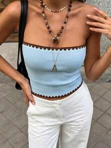 Cévolie Áo ống mùa hè ôm sát, phối viền tương phản, thời trang - Màu xanh lam - Xem 4